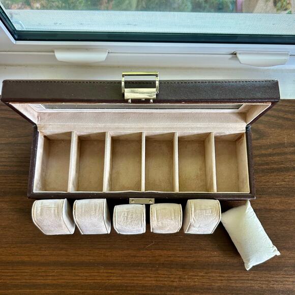 Vintage Brown Faux Leather 6 Slot Watch Box with Glass Lid and Cushions - Picture 5 of 16